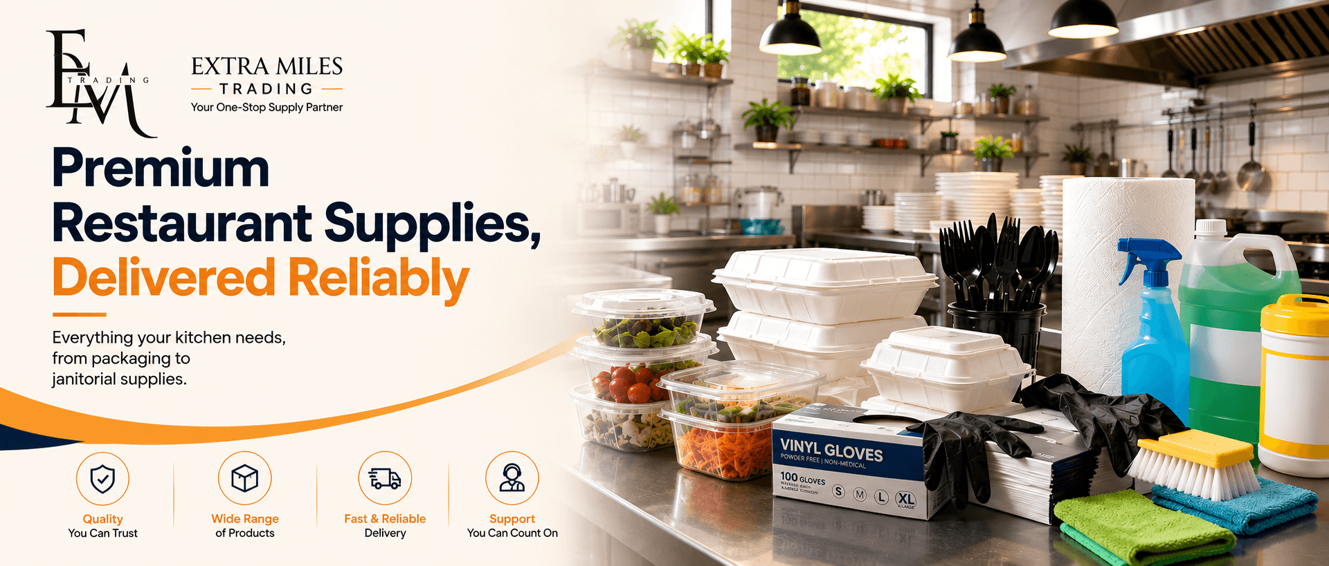 Premium Restaurant Supplies, Delivered Reliably — Everything your kitchen needs, from packaging to janitorial supplies.