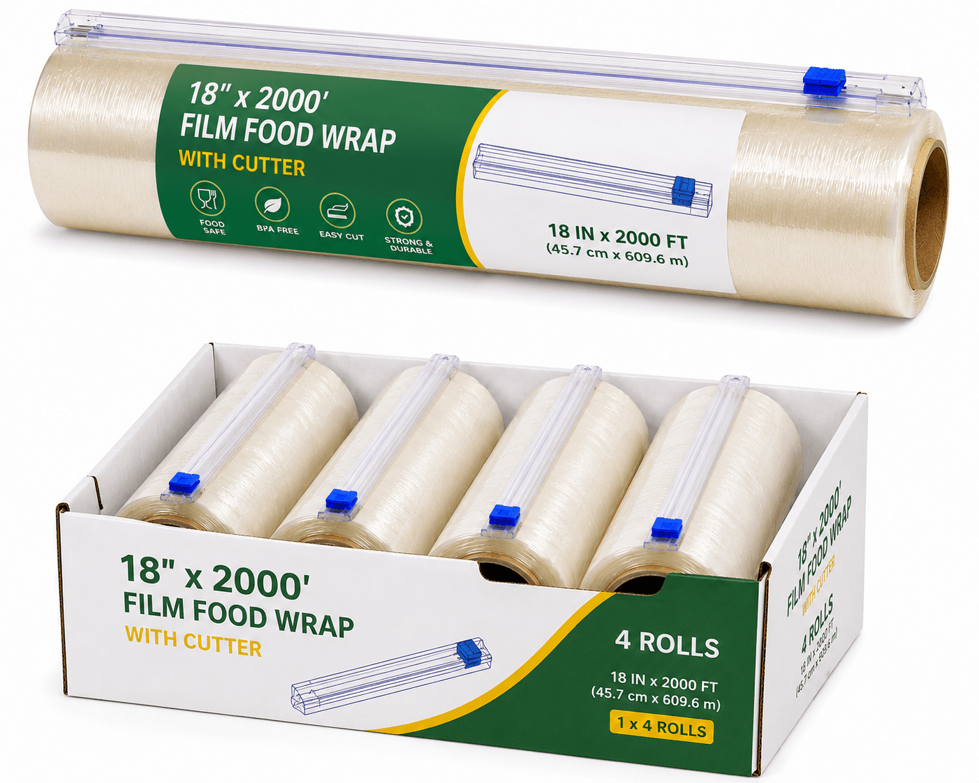 18"x2000 Film Food Wrap With Cutler - 1x4 Rolls