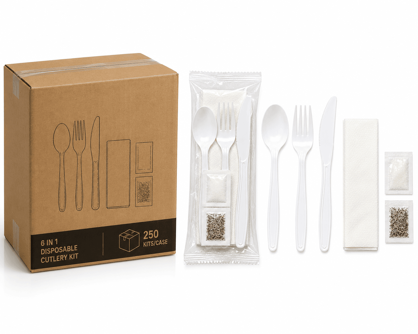 6 In 1 Medium Weight Kit - Spoon,Fork,Knife,Napkin,Salt,Pepper - 250/Case