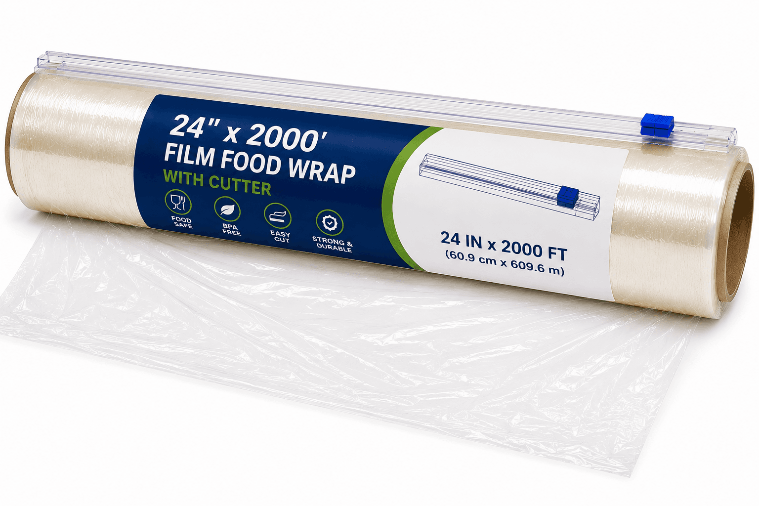 24"x2000 Film Food Wrap With Cutler - 1 Roll
