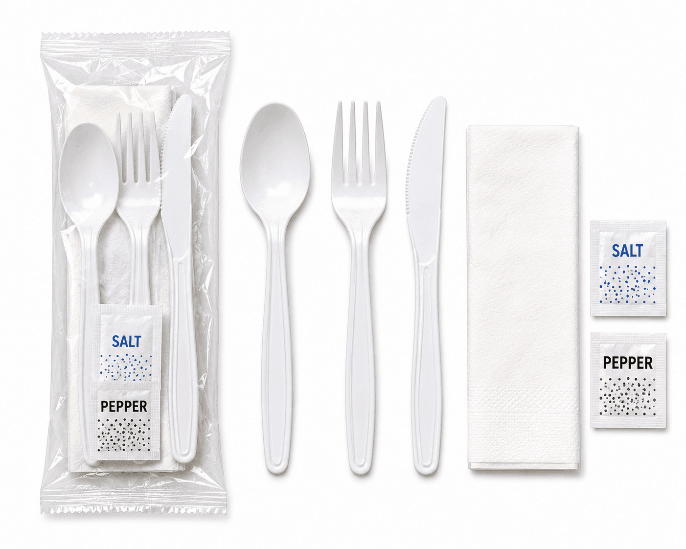 6 In 1 Heavy Duty Kit - Spoon,Fork,Knife,Napkin,Salt,Pepper - 500/Case