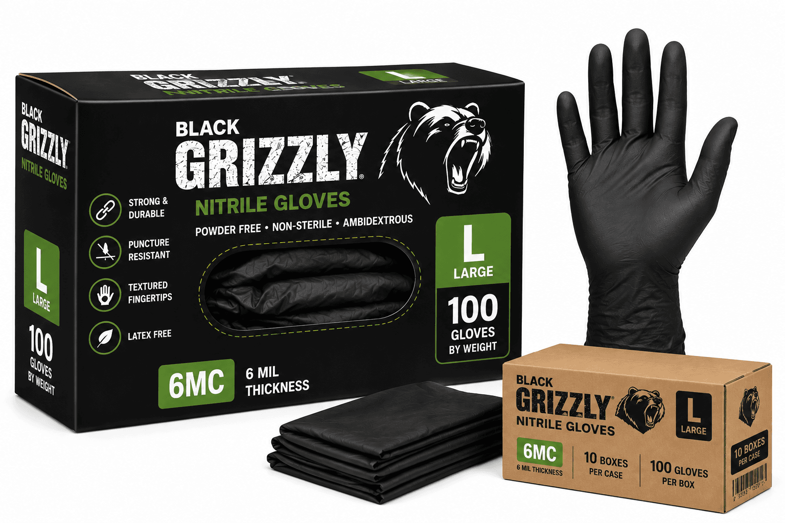 Nitrile Gloves Black Grizzly - 6MC - Large(L) - 10/100/Case