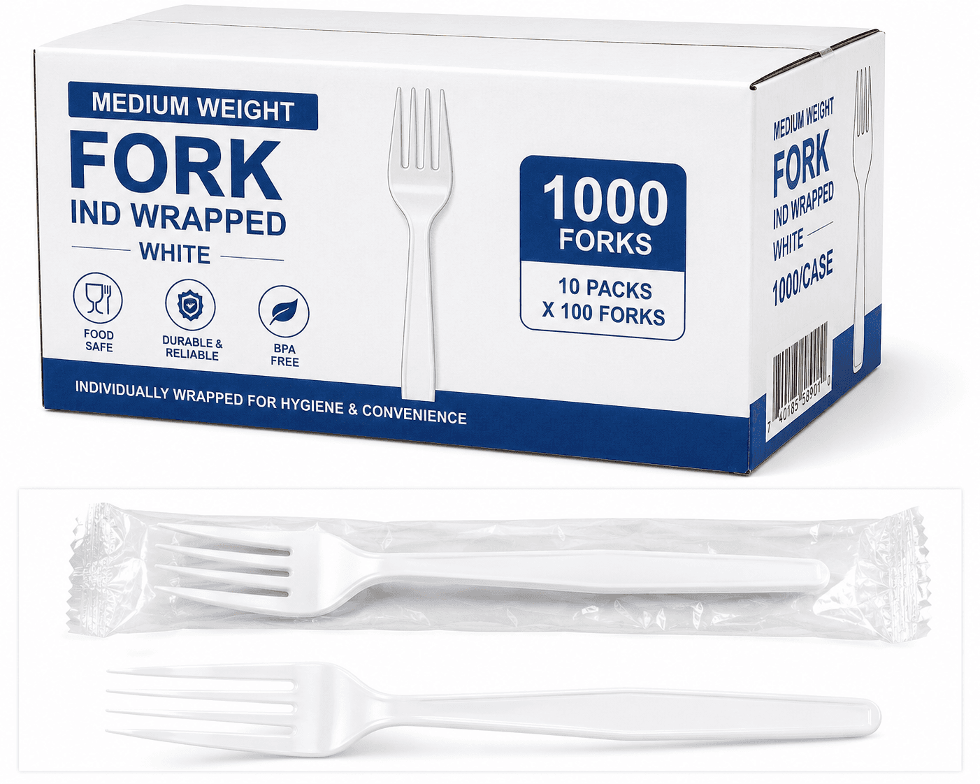 Fork Ind Wrapped Medium Weight - White - 1000/Case