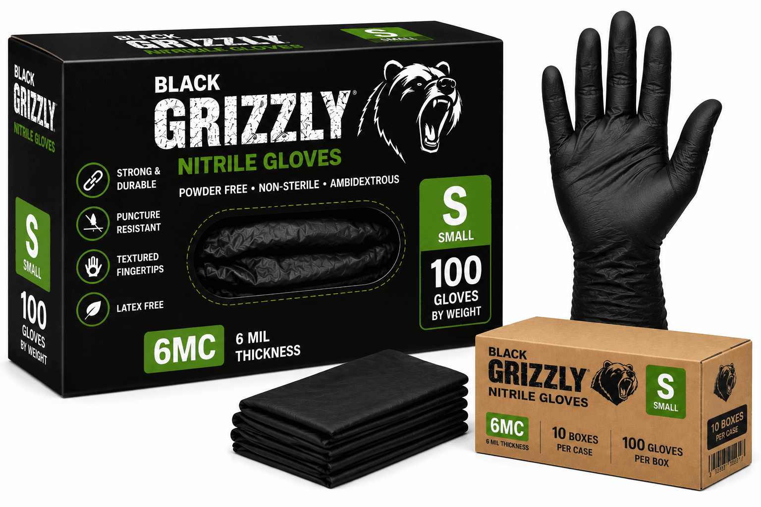 Nitrile Gloves Black Grizzly - 6MC - Small(S) - 10/100/Case