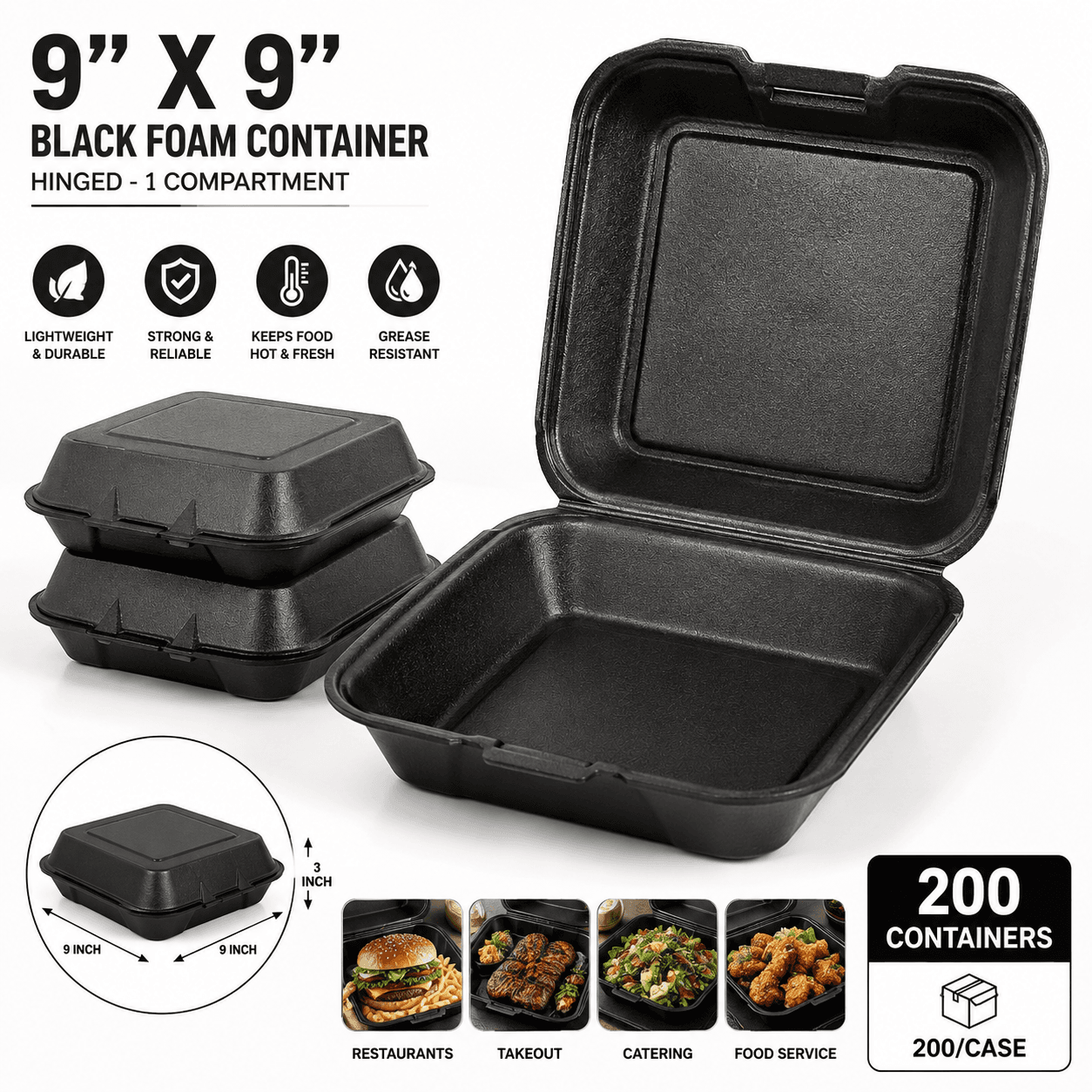 9X9 Black Foam Container Hinged - 1 Compartment - 200/case