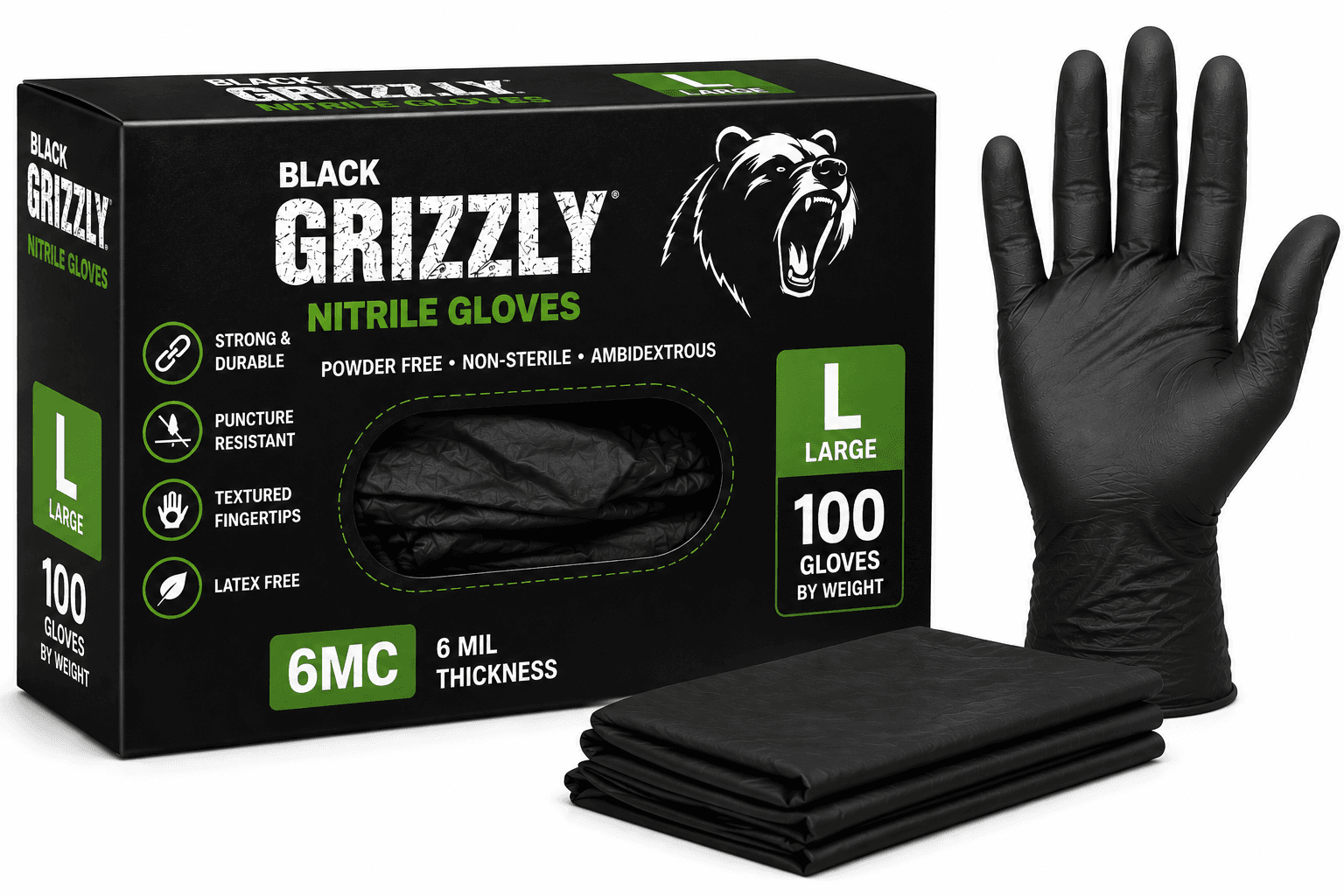 Nitrile Gloves Black Grizzly - 6MC - Large(L) - 100/Box