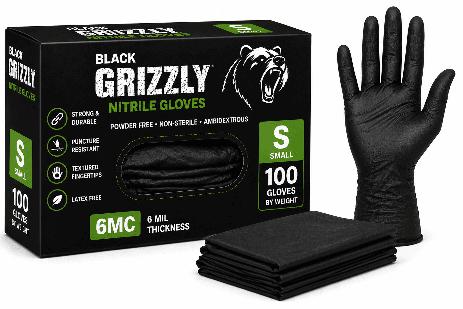 Nitrile Gloves Black Grizzly - 6MC - Small(S) - 100/Box