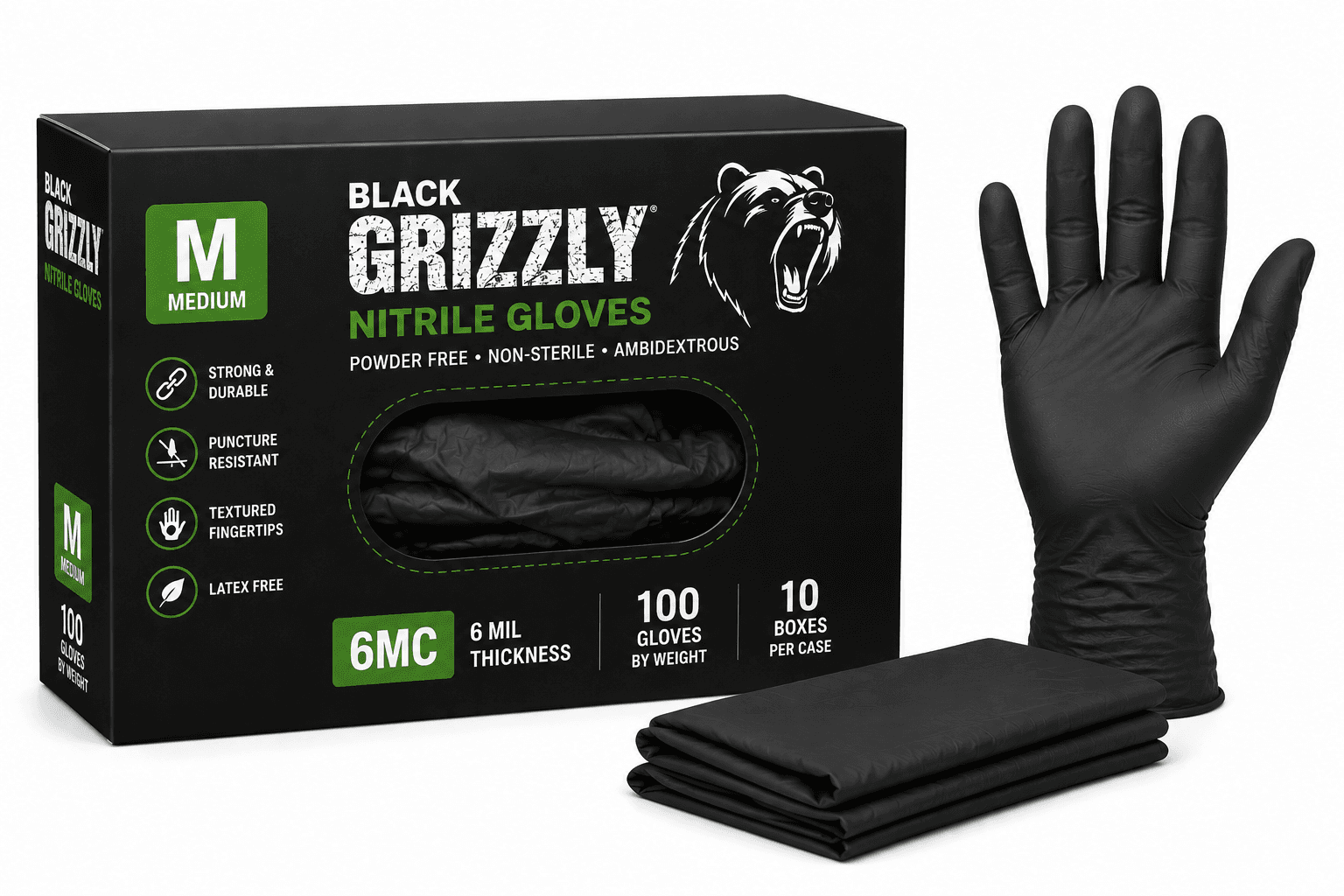 Nitrile Gloves Black Grizzly - 6MC - Medium - 10/100/Case