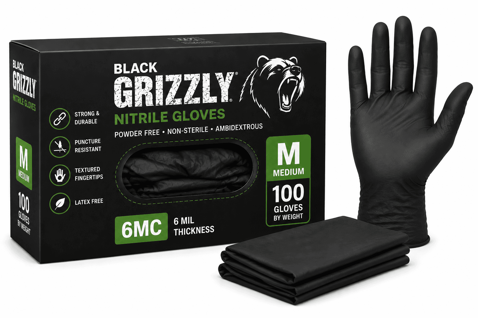 Nitrile Gloves Black Grizzly - 6MC - Medium - 100/Box